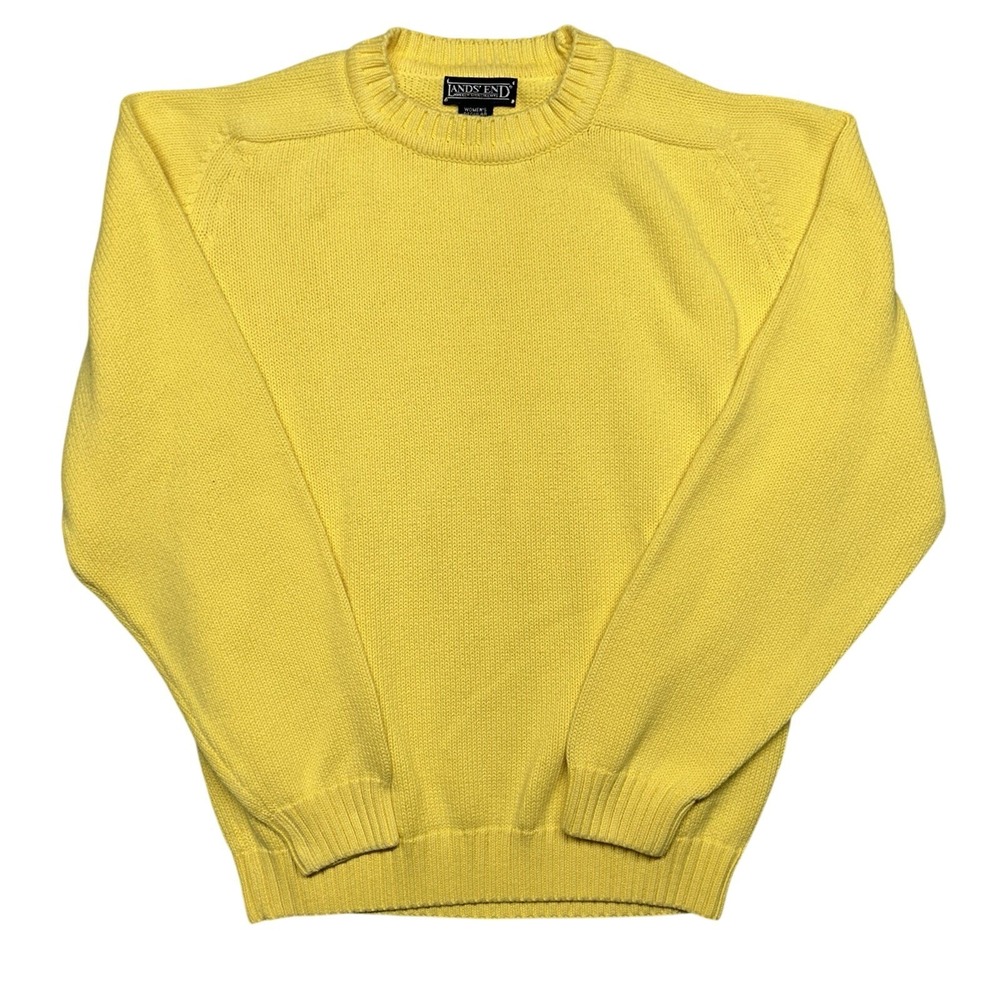 Lands' End Sweater Yellow Womens Small Cotton Knit Crewneck Pullover Made in USA